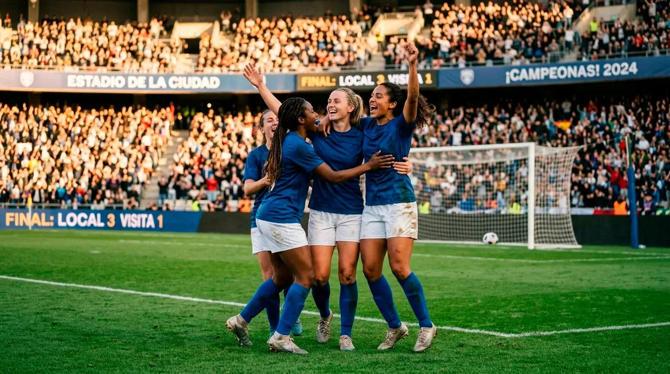 Jugadoras de fútbol femenino celebrando el ascenso sobre el césped del estadio