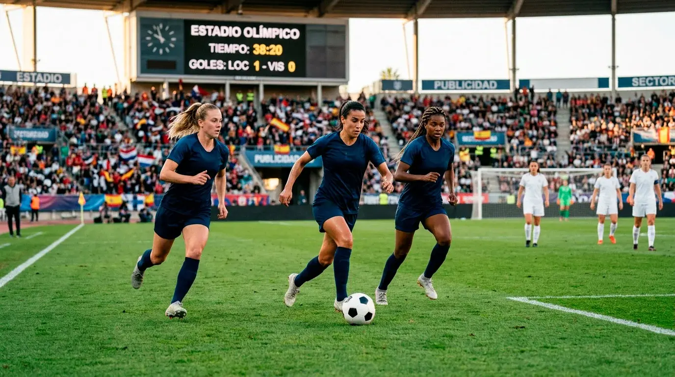 Jugadoras de fútbol femenino en formación ofensiva avanzando con el balón hacia el área rival
