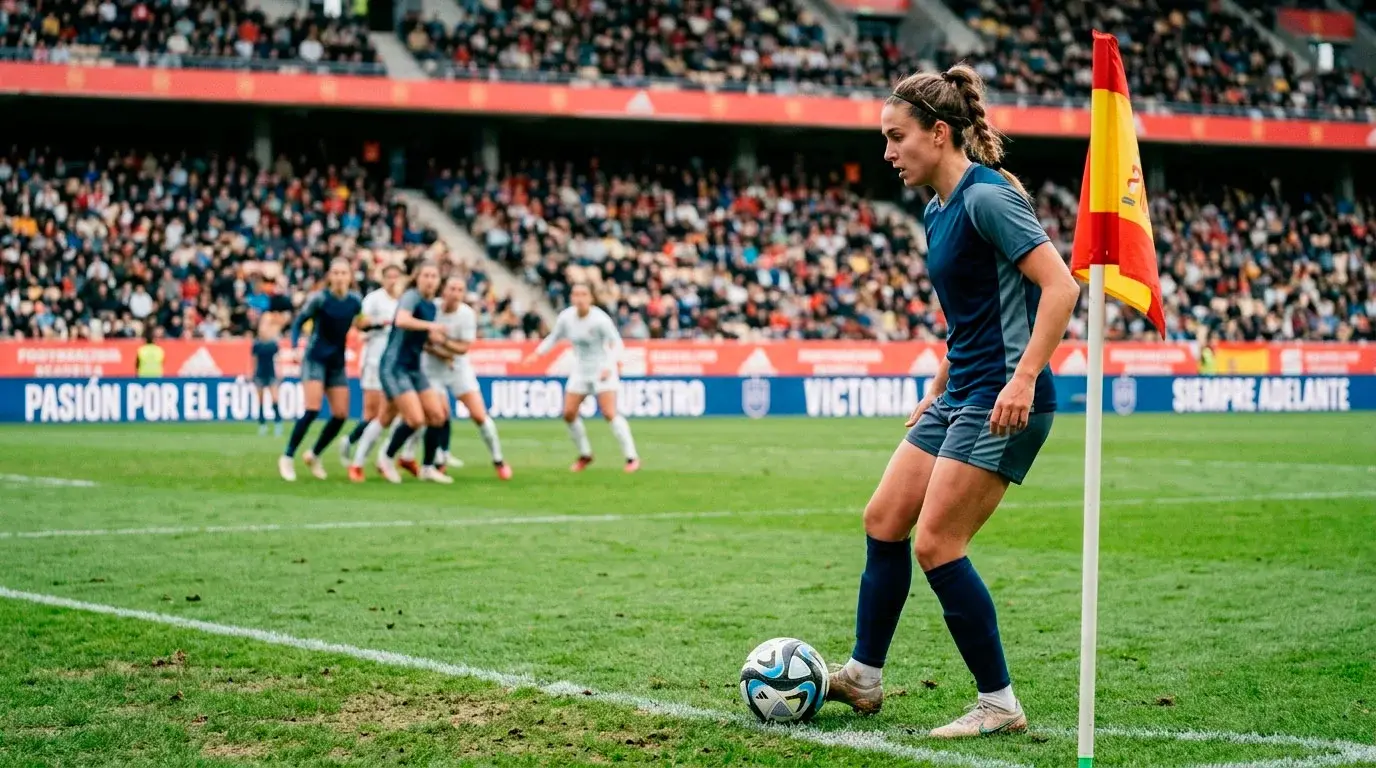 Jugadora de fútbol femenino ejecutando un córner en la esquina del campo de césped natural