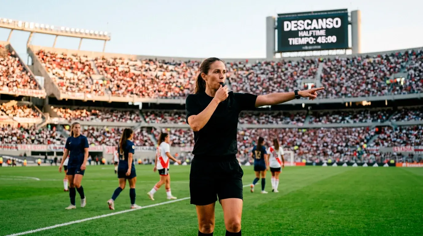 Árbitra señalando el descanso durante un partido profesional de fútbol femenino