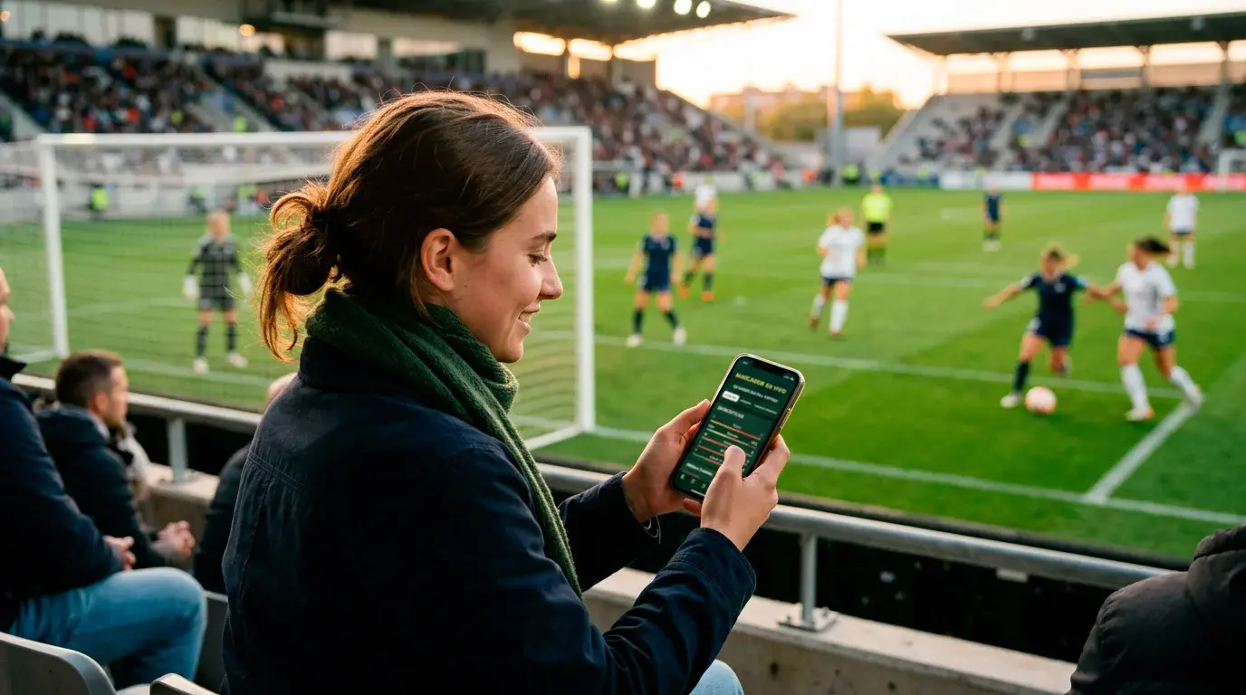 Aficionada siguiendo un partido de fútbol femenino desde su teléfono móvil