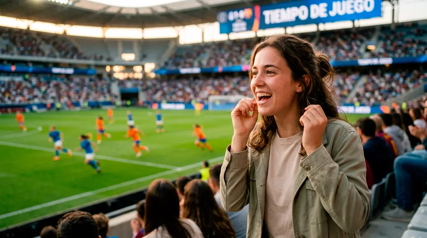 Joven aficionada viendo un partido de fútbol femenino desde las gradas del estadio