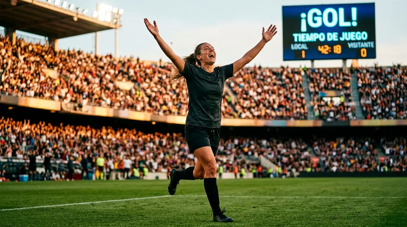 Delantera del fútbol femenino celebrando un gol con datos estadísticos superpuestos