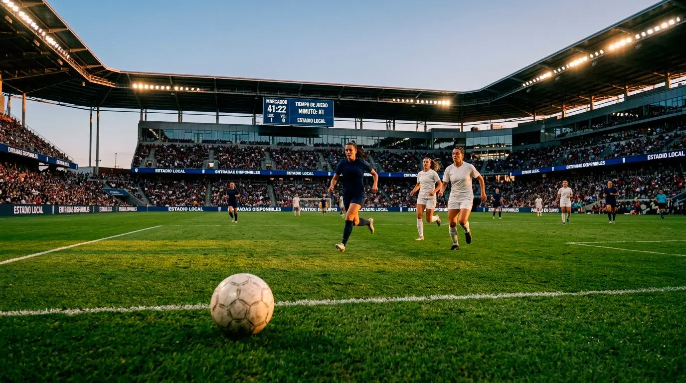 Estadio de la NWSL lleno con marcador de partido y superposición de cuotas en pantalla