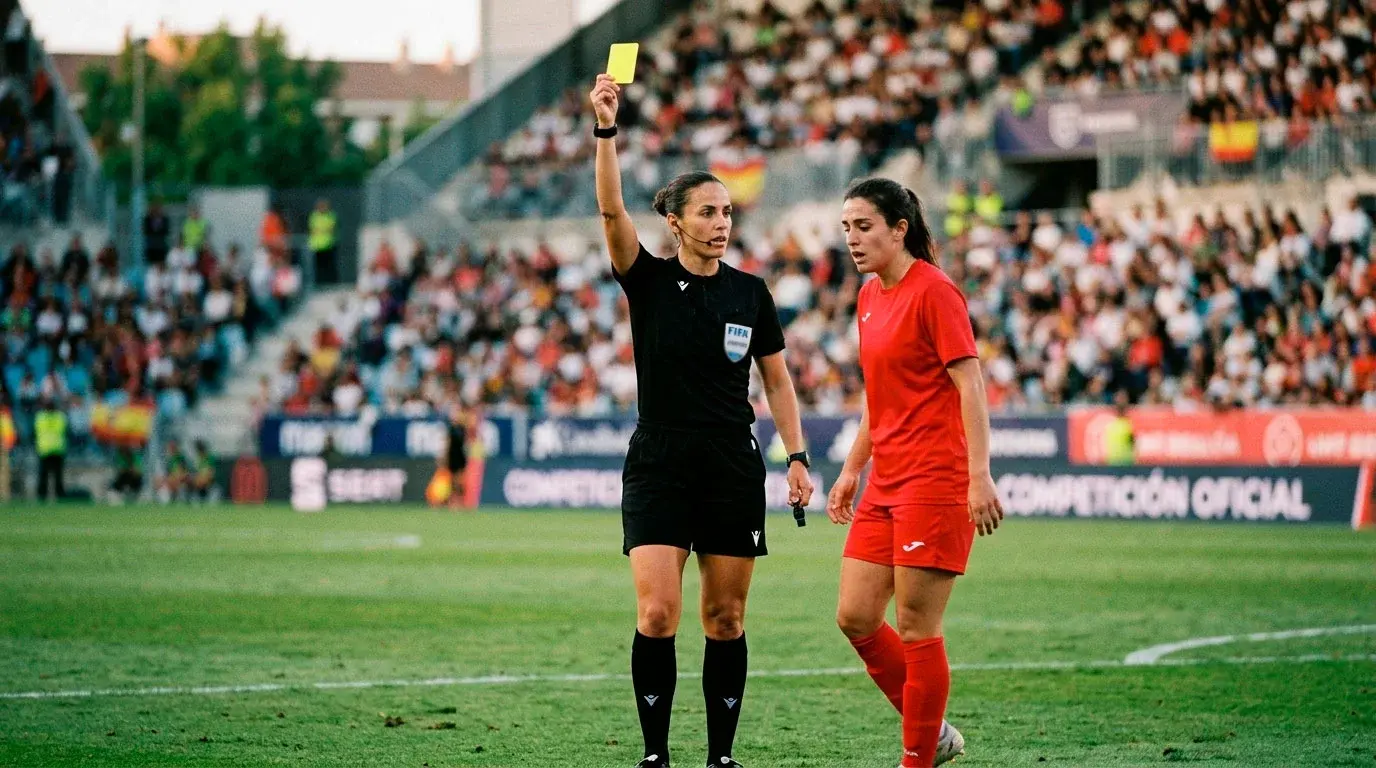 Árbitra mostrando tarjeta amarilla a una jugadora durante un partido de fútbol femenino