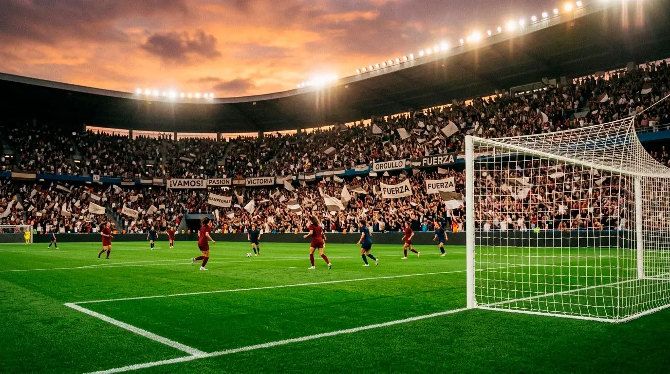 Gradas repletas de aficionados durante un partido de fútbol femenino