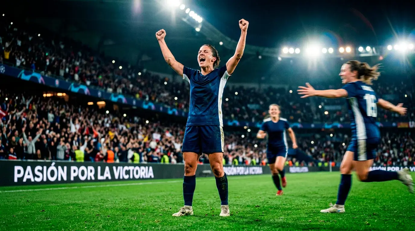 Jugadora de fútbol femenino celebrando un gol con los brazos en alto junto a sus compañeras