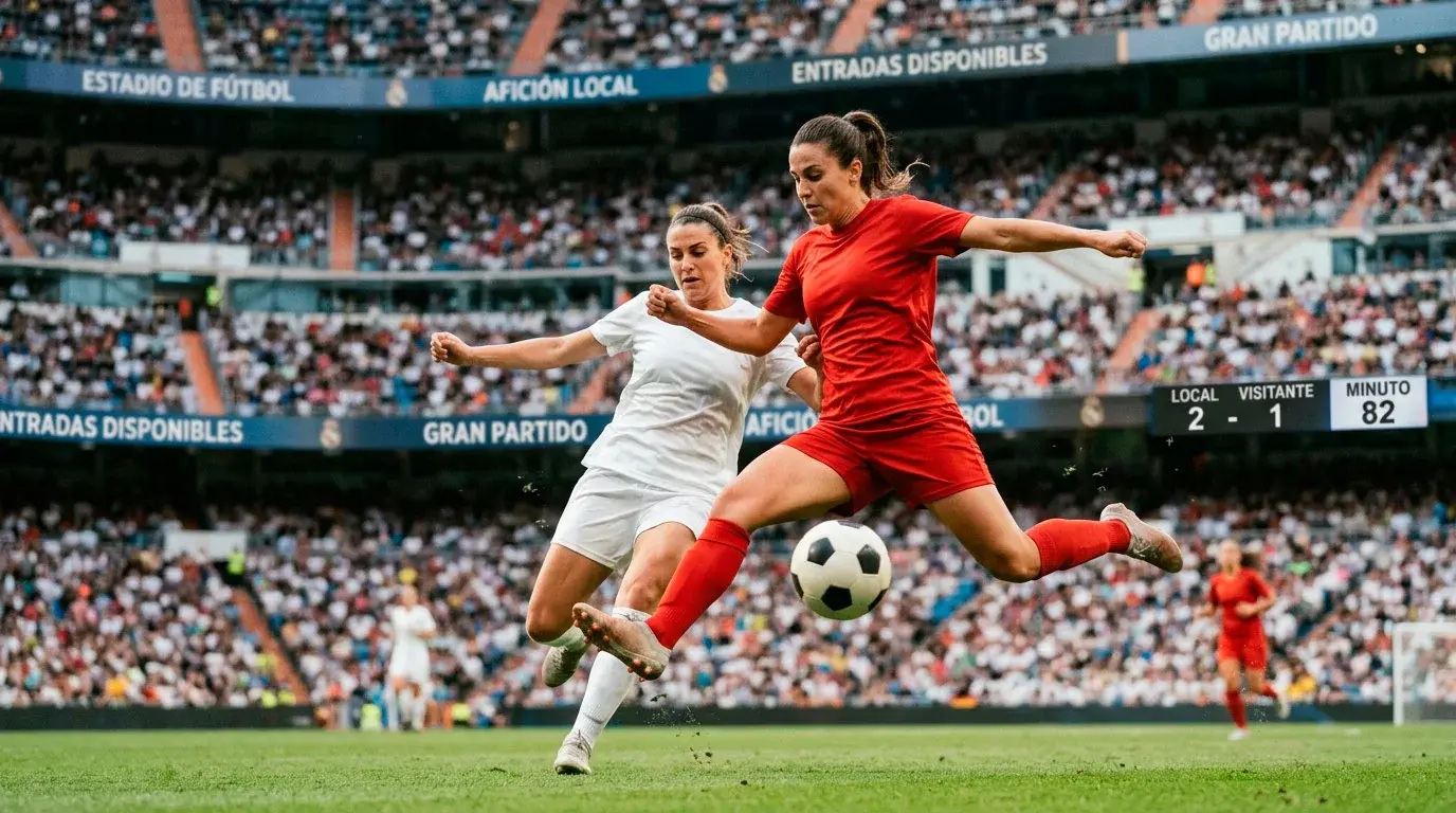 Disputa por el balón entre dos jugadoras de fútbol femenino en partido profesional