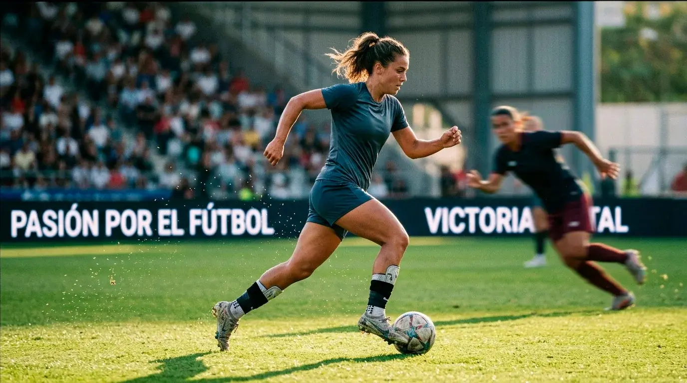 Jugadora de fútbol femenino conduciendo el balón en un partido de liga profesional