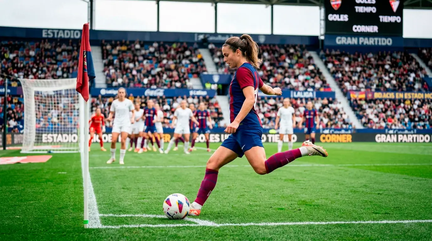 Jugadora de fútbol femenino ejecutando un saque de esquina en estadio profesional