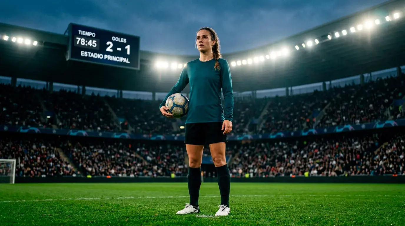 Jugadora profesional de fútbol femenino concentrada antes del saque en un estadio iluminado