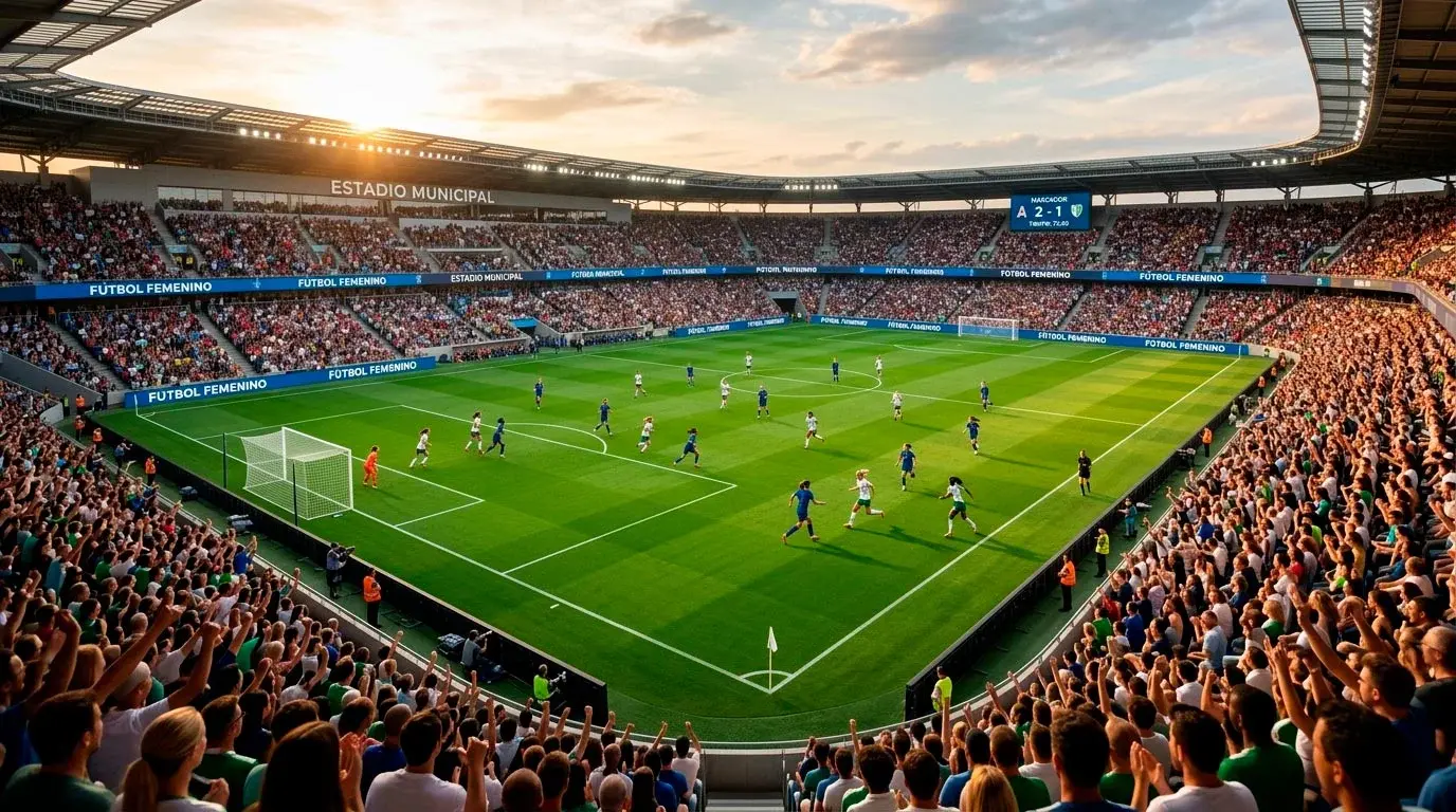 Estadio moderno de fútbol femenino con gradas llenas durante partido profesional