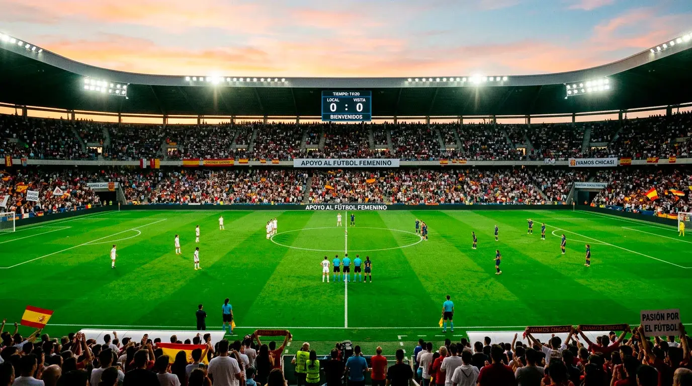 Estadio de fútbol femenino al anochecer con gradas llenas durante un partido de liga europea