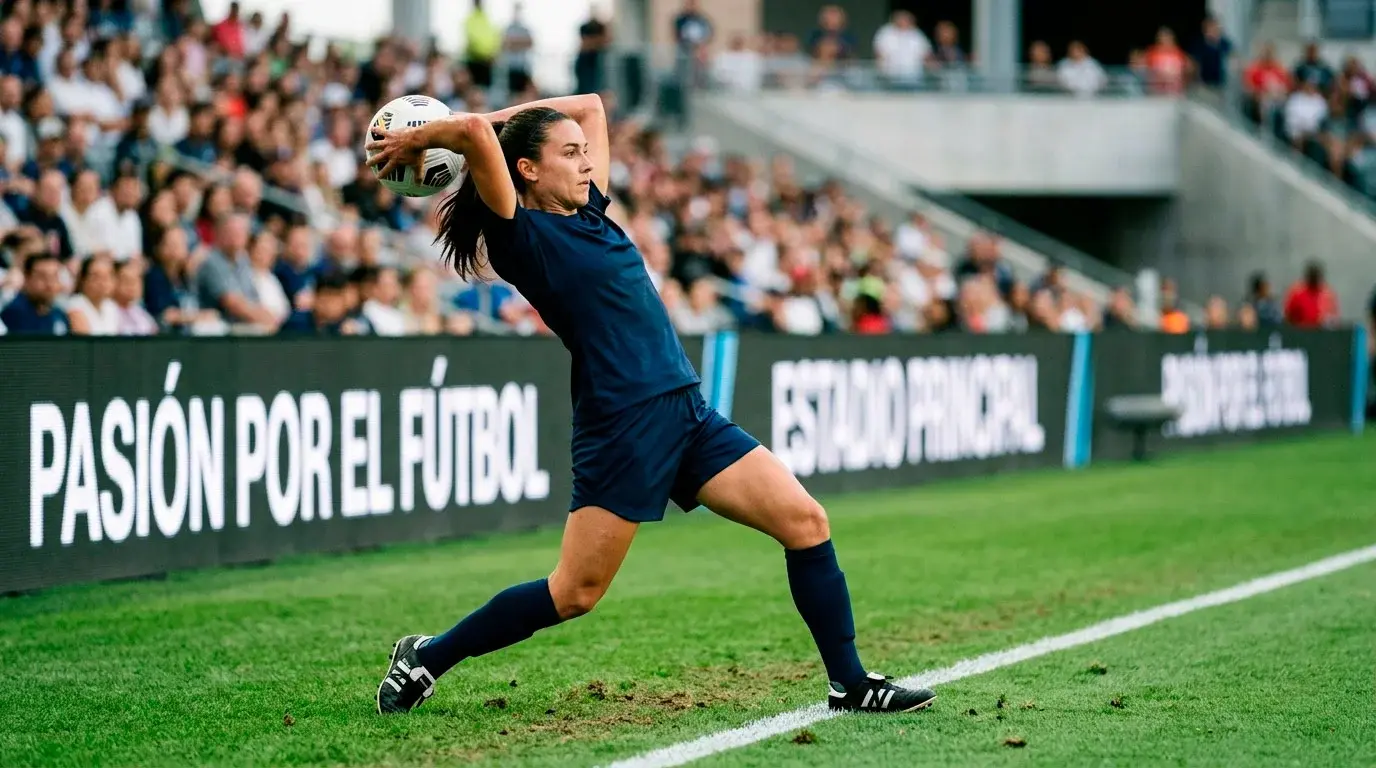 Jugadora de fútbol femenino ejecutando un saque de banda en el lateral del campo de césped natural