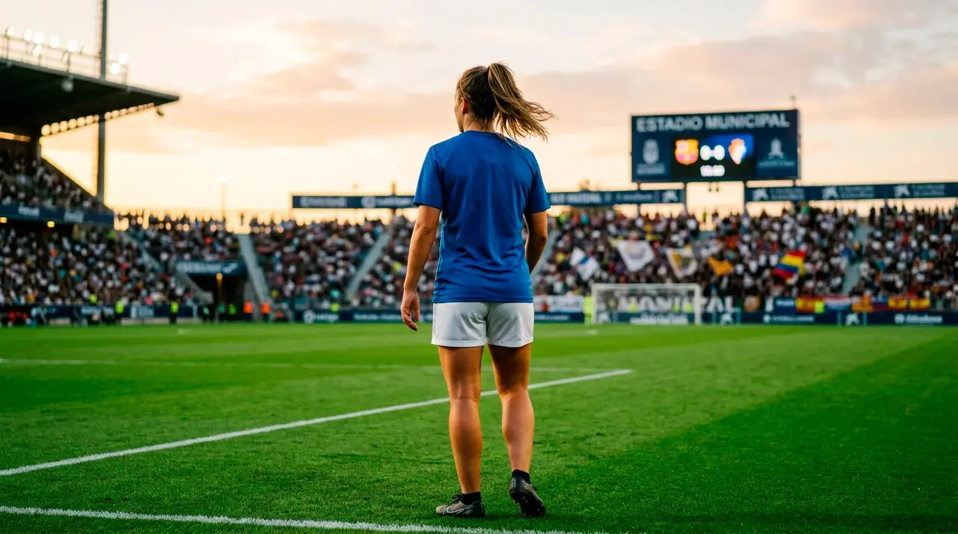 Camiseta de fútbol femenino con patrocinador en el pecho junto a estadio al fondo