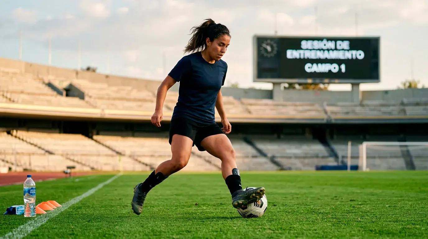 Futbolista profesional femenina entrenando con balón en un campo de césped natural