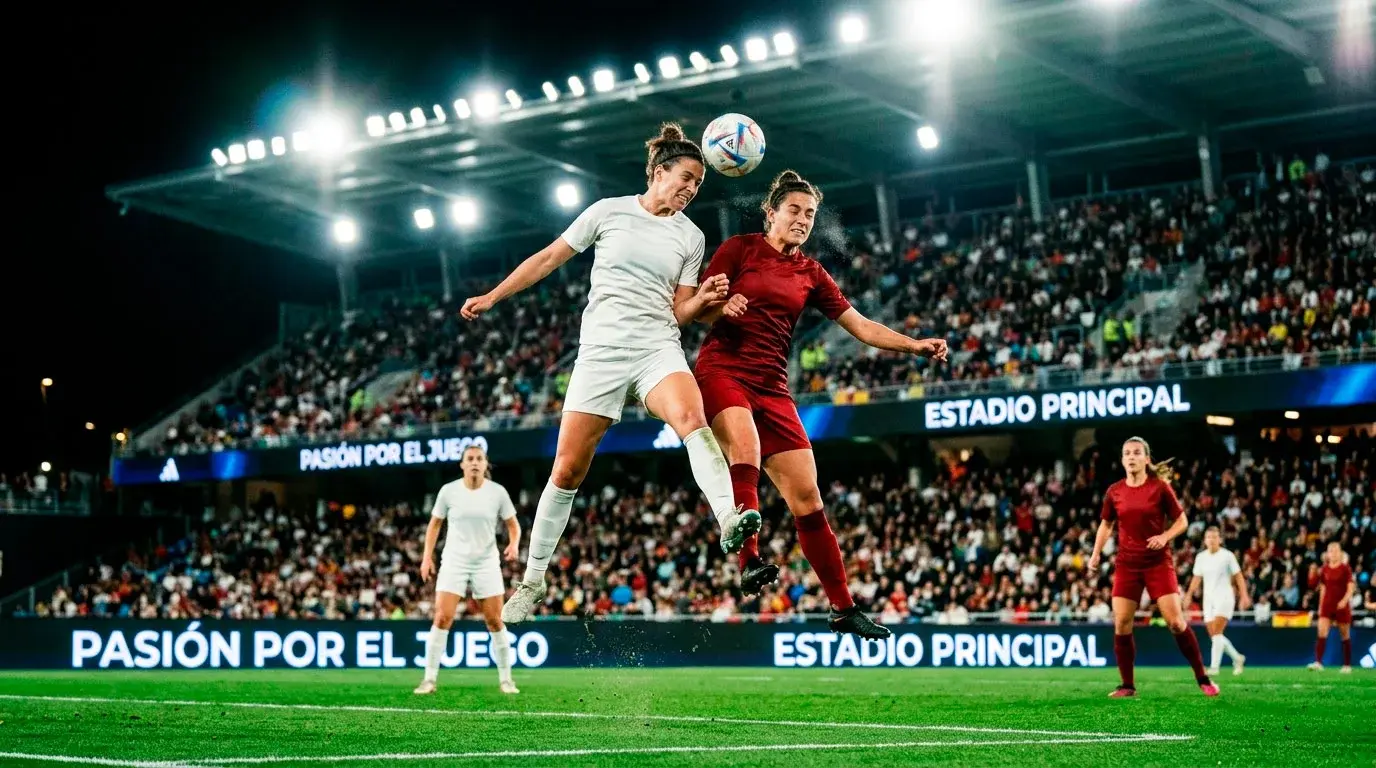 Jugadoras de fútbol femenino en pleno partido disputando el balón en un estadio iluminado